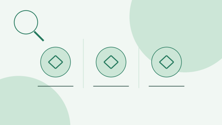 Conceptual illustration: a magnifying glass at top left; across the middle, three pale circles side by side, each holding an outlined diamond above a short horizontal line and separated by thin vertical lines; two large pale circles in the background at top right and bottom left; no text, numbers or charts.