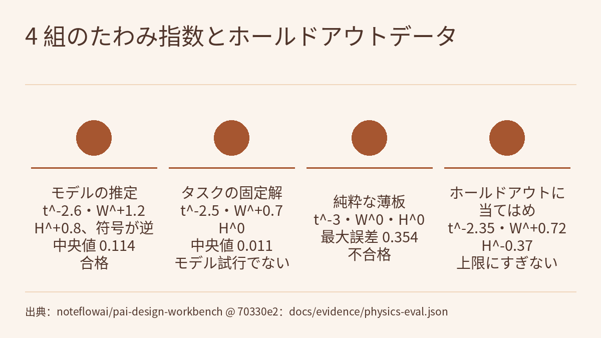 比較図:タイトルの下に番号のない塗りつぶしの円が 4 つ横に並び、それぞれの下に横線と次の文字があります。モデルの推定 t^-2.6・W^+1.2・H^+0.8、符号が逆、中央値 0.114、合格。タスクの固定解 t^-2.5・W^+0.7・H^0、中央値 0.011、モデル試行でない。純粋な薄板 t^-3・W^0・H^0、最大誤差 0.354、不合格。ホールドアウトに当てはめ t^-2.35・W^+0.72・H^-0.37、上限にすぎない。下部に出典の注記があります。