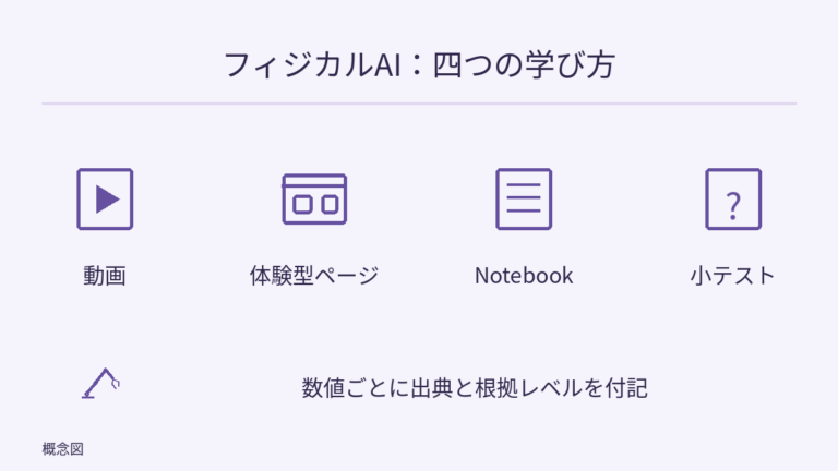 動画、体験型ページ、Notebook、小テストの四つの学習形式を並べる。必須の順序は示さない。