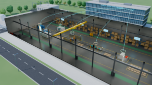Factory Twin scene rendering from Robot Reel documentation, not paired-trial footage or a real-world photograph.