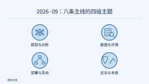 八条主线按原文归为模型训练、数据评测、部署系统、安全本体四组。学习网络、数据表核对、服务编排、无勾选的盾牌与机器人组合分别表示主题，圆形不是统计计数或认证标志。