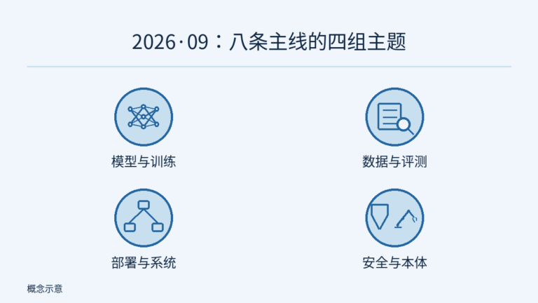 八条主线按原文归为模型训练、数据评测、部署系统、安全本体四组。学习网络、数据表核对、服务编排、无勾选的盾牌与机器人组合分别表示主题,圆形不是统计计数或认证标志。