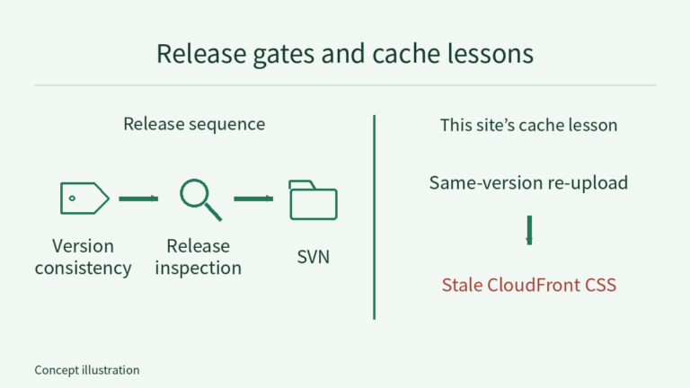 Version consistency, release inspection and SVN appear on the left; a separate right-hand note links same-version re-upload to stale CloudFront CSS, not to SVN.