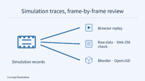 Original concept diagram: simulation records branch into browser replay, raw data labelled for SHA-256 verification, and editable Blender/OpenUSD scenes, without third-party simulation-asset screenshots.
