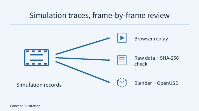 Original concept diagram: simulation records branch into browser replay, raw data labelled for SHA-256 verification, and editable Blender/OpenUSD scenes, without third-party simulation-asset screenshots.