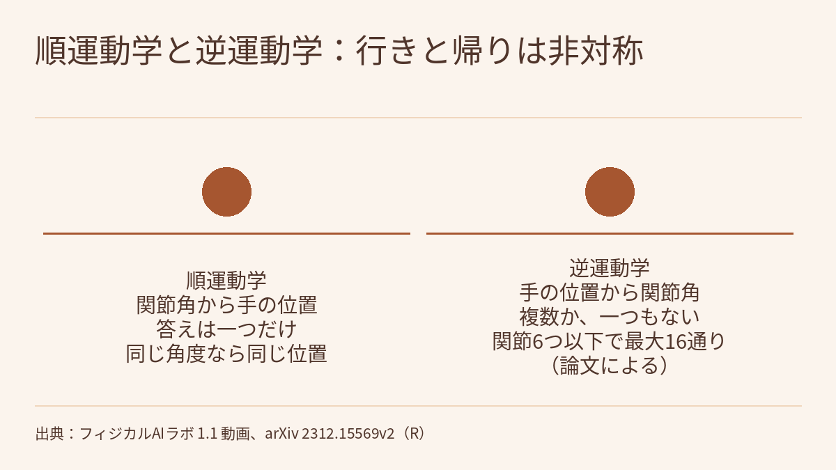 図。見出しは「順運動学と逆運動学:行きと帰りは非対称」。二つの列が左右に並び、それぞれの上に番号のない円形の印と横線があり、その下に中央揃えの文字がある。「順運動学 関節角から手の位置 答えは一つだけ 同じ角度なら同じ位置」と「逆運動学 手の位置から関節角 複数か、一つもない 関節6つ以下で最大16通り(論文による)」。列の間に矢印はない。