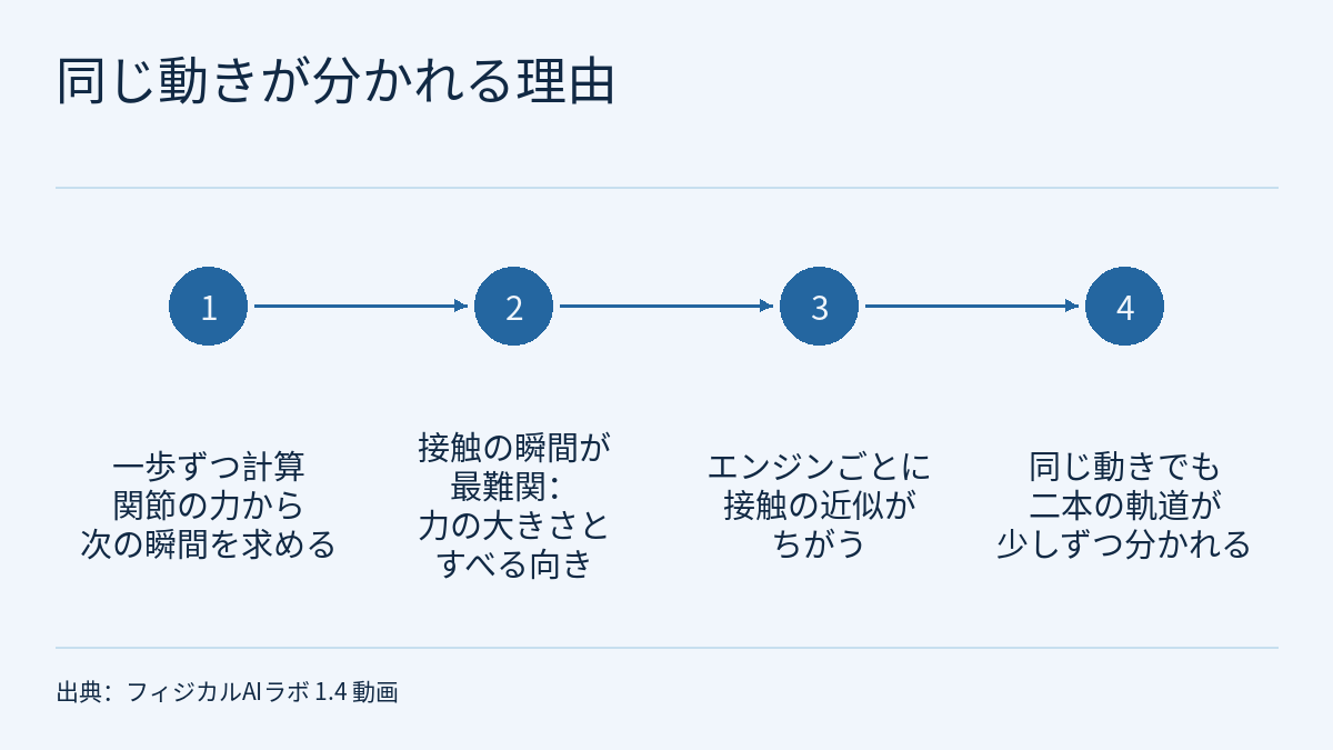 フロー図。見出しは「同じ動きが分かれる理由」。1 から 4 の番号付きの塗りつぶした円が左から右へ矢印でつながる。その下の文字は順に「一歩ずつ計算 関節の力から次の瞬間を求める」「接触の瞬間が最難関:力の大きさとすべる向き」「エンジンごとに接触の近似がちがう」「同じ動きでも二本の軌道が少しずつ分かれる」。下部に出典の表示がある。