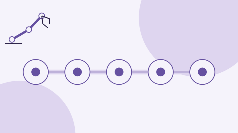 Conceptual illustration with no text: five ringed circles with solid centres sit evenly spaced from left to right, joined by a horizontal line, loosely echoing the article’s processing order from images to actions; a line drawing of a robot arm at the top left; large pale circles in the corners.