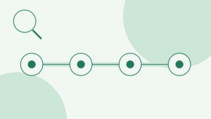 Conceptual illustration: a magnifying glass shape in the top-left corner; across the middle, four identical rings evenly spaced on a horizontal line, each with a solid dot at its center, standing for review steps taken in order; two large pale circles in the background; no text.