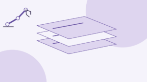 Conceptual illustration: on a light background, an abstract robot-arm line linking three joint circles, beside three tilted planes stacked on one another, suggesting the slow planning stream, the fast correction stream and the executed action that combines them.
