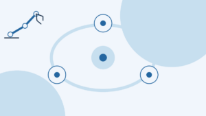 Conceptual illustration: on a light background, a line drawing of a robot arm at top left; in the centre, three outlined circles with dots sit on a pale ellipse, around a larger filled pale circle with a dot at its centre; two large pale background discs at top right and bottom left. There are no arrows.