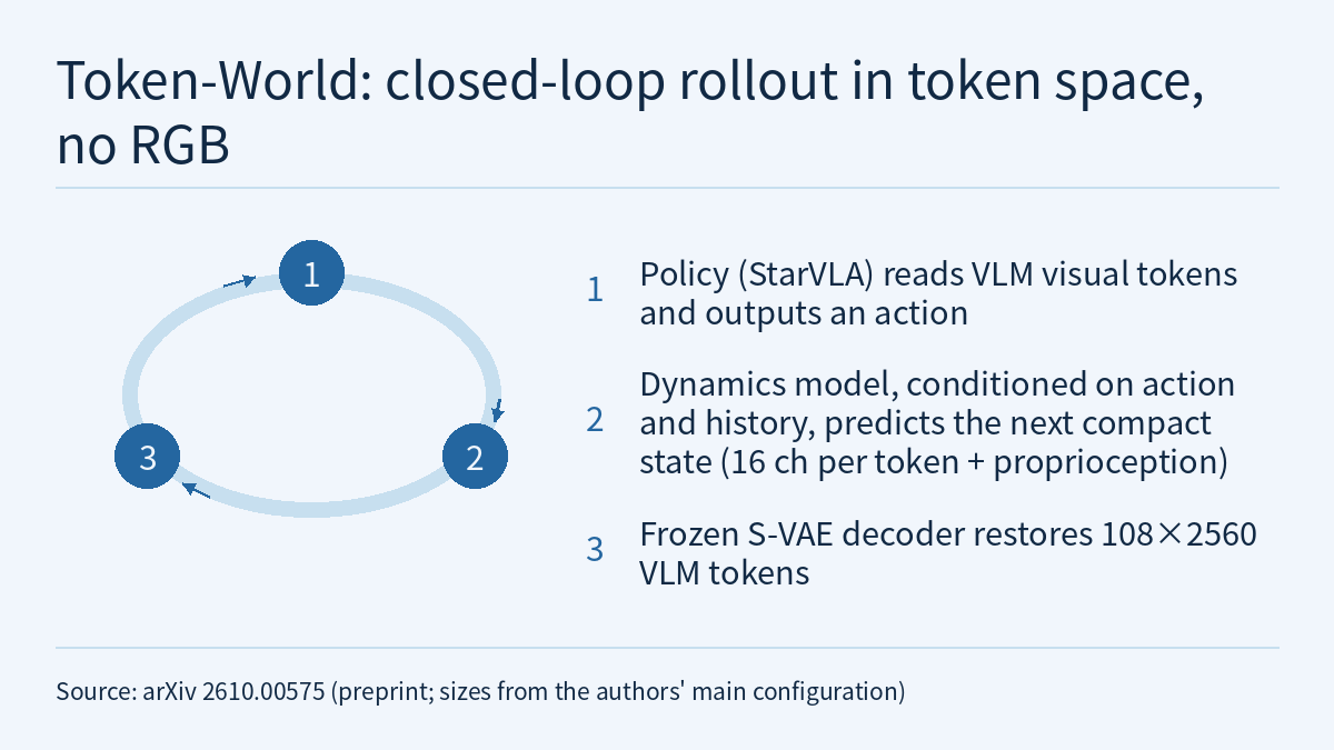 Three circles arranged on a closed ring, joined head to tail by arrows and numbered 1 to 3. Circle 1: the policy reads VLM visual tokens and outputs an action. Circle 2: the dynamics model, conditioned on the action and history, predicts the next compact state, 16 channels per token plus proprioception. Circle 3: the frozen S-VAE decoder restores 108×2560 VLM tokens, which go back to the policy. The title states that the loop runs in token space with no RGB reconstruction.