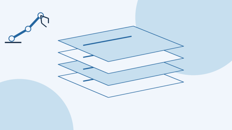 Abstract conceptual illustration with no text: two large pale-blue circles on a light background, four stacked translucent planes in the center, each with a short line mark, and a fixed-base robot-arm icon at the top left.