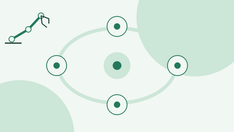 Green-toned conceptual illustration with no text: four ringed circular nodes sit on a pale elliptical ring at its top, right, bottom and left; a filled dot on a pale disc marks the centre of the ellipse as a decorative focus, not a fifth stage; a small fixed-base robot-arm icon is in the top left, and two large pale circles fill opposite corners.