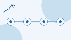 Blue-toned conceptual illustration with no text: several circular nodes placed in order along a path suggest one intervention flow of detecting, retrieving, correcting and handing back control; a generic robot symbol appears in the image.