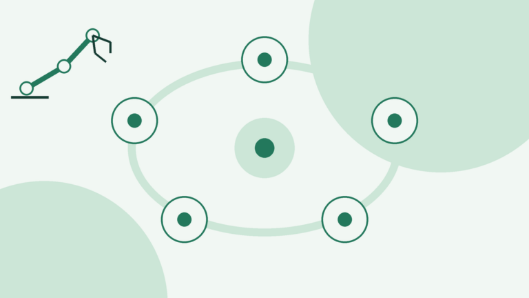 Text-free conceptual illustration on a pale green background: in the top-left corner, a line-drawn robot arm symbol with three circular joints, a gripper at its tip and a base line beneath it; in the centre, a pale elliptical ring with five evenly spaced outlined circles, each holding a solid dot, around a dark dot on a pale disc; large pale green circles fill the top-right and bottom-left corners.