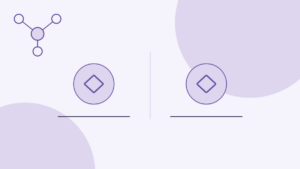 Conceptual illustration with no text: on a pale lavender background, two identical outlined circles stand side by side, each containing the same diamond outline and each with a short dark rule beneath it; a thin vertical divider separates them, with no arrow between them. At top left is an abstract node-graph glyph, one central circle linked to three small circles, and two large pale circles fill the background. The two identical circles are a neutral symbol for two parallel options.