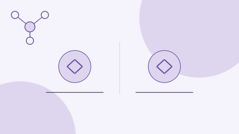 Conceptual illustration with no text: on a pale lavender background, two identical outlined circles stand side by side, each containing the same diamond outline and each with a short dark rule beneath it; a thin vertical divider separates them, with no arrow between them. At top left is an abstract node-graph glyph, one central circle linked to three small circles, and two large pale circles fill the background. The two identical circles are a neutral symbol for two parallel options.