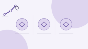 Conceptual illustration with no text: a line drawing of a robot arm at the top left; three identical circles side by side, each with a diamond inside and a short horizontal line below, separated by thin vertical rules; two large pale purple circular shapes in the background. No data, axes or interface elements.