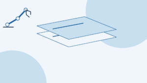 Cool-toned conceptual illustration with no text: tilted planes stacked in the centre suggest that the once-per-episode upper path and the per-chunk online actor run on two timescales; a generic robot-arm icon and a few pale background circles appear; there is no data, chart or real robot appearance.