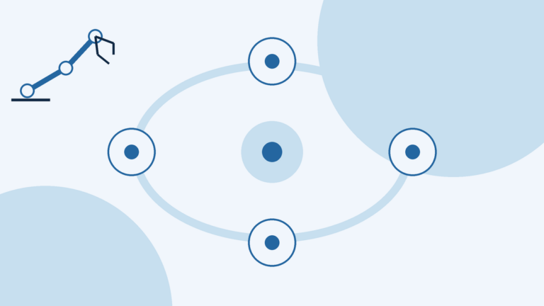 Conceptual illustration with no text: a pale elliptical ring with several outlined circles placed on it suggests a repeating closed loop; a line-drawn generic robotic arm symbol and a few pale background circles appear; there is no data, chart or real robot appearance.