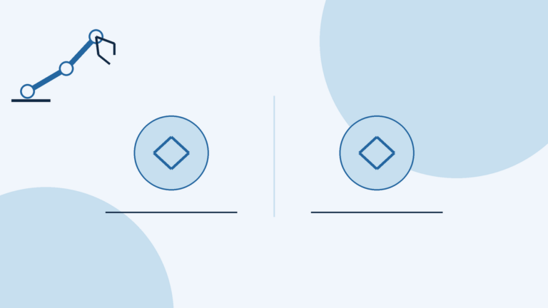 Conceptual illustration with no text: two identical symbols side by side, suggesting two action labels for the same demonstrations, with generic robot-themed graphics; there is no data, chart, screenshot or real robot imagery.