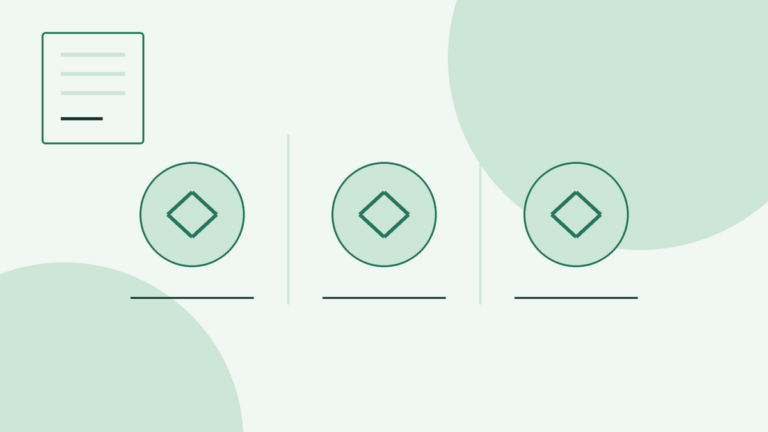 Conceptual illustration with no text: a document icon with lines in the top-left corner; three outlined circles side by side, each holding a diamond outline, with a dark horizontal line beneath each circle and two thin vertical lines separating the circles; two large pale circles in the top-right and bottom-left corners. There is no data, chart or screenshot.