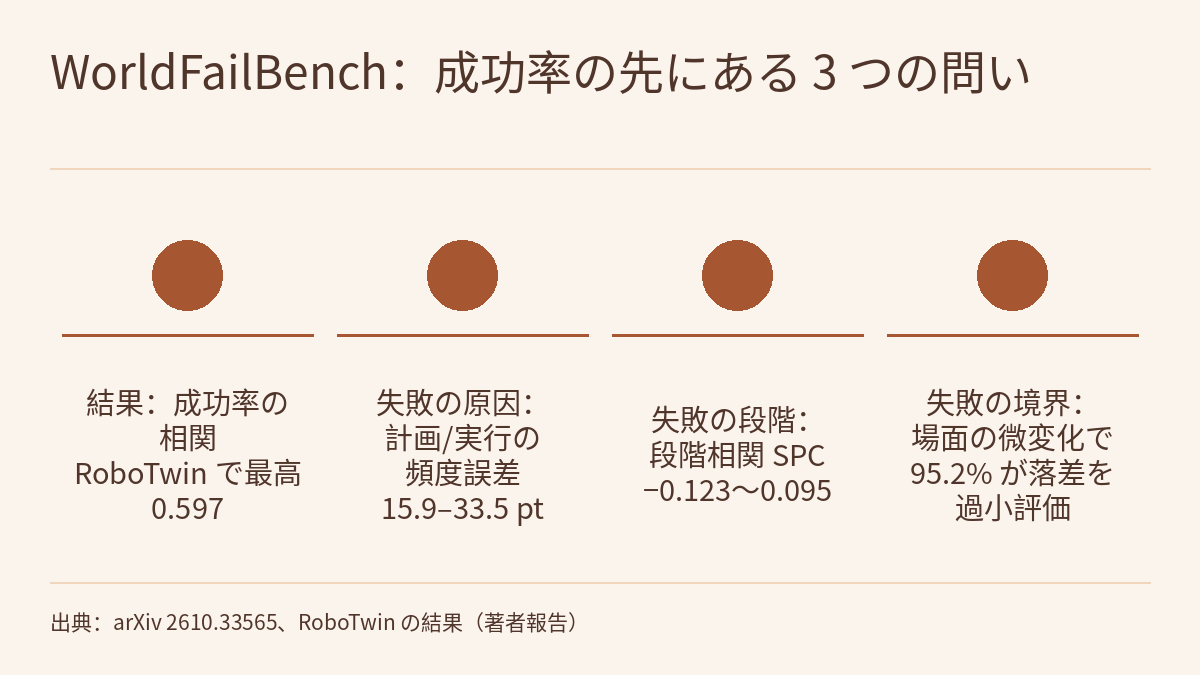 比較図。明るい背景で、上部にタイトル「WorldFailBench:成功率の先にある 3 つの問い」、下部に出典の行があります。同じ大きさ・同じ色の塗りつぶした円 4 つが横一列に並び、円の間に矢印はありません。各円の下には横線と短い文があります。4 つの文は順に、結果:成功率の相関、RoboTwin で最高 0.597。失敗の原因:計画と実行の失敗の頻度誤差 15.9〜33.5 ポイント。失敗の段階:段階相関 SPC は −0.123〜0.095。失敗の境界:場面の小さな変化で 95.2% の予測が成功率の落差を過小評価、です。